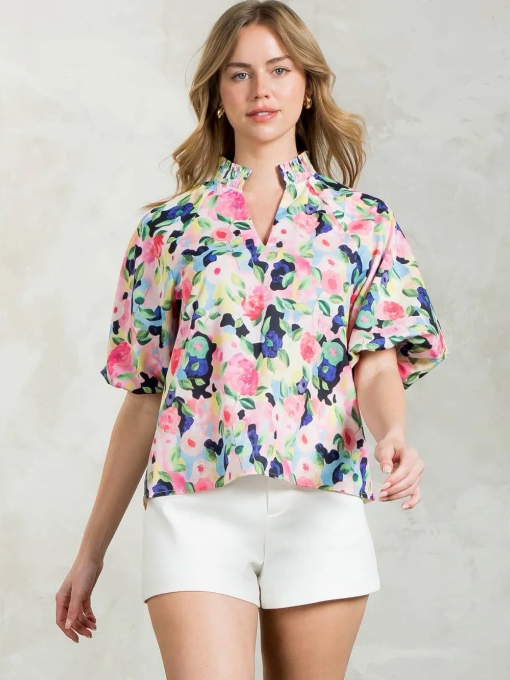 THML Pink Multi Floral Puff-Sleeve Blouse